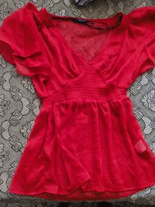 Chic Red Sheer Ruffle Sleeve Top