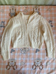 Cream Cable Knit Zip-Up Hoodie