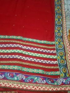 Embroidered Red Saree with Green Blouse