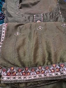 Olive Green Embroidered Stitch Kamish Salwar Dupat