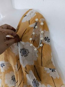 Yellow Floral Print Top with Pearl Details