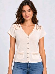 Cream Crochet Detail Button-Up Top