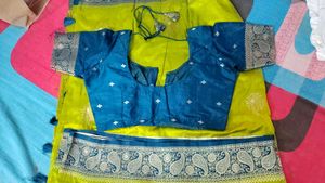 pure dola silk soft mehedi green with peacock Blue