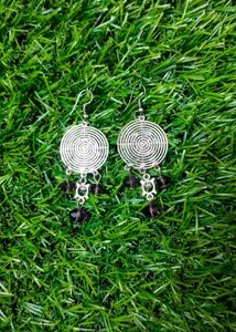 Pink Flower Oxidized Silver Drop Earrings With Pur