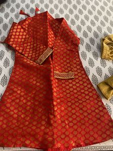 Red Brocade Kurta with Golden Pants