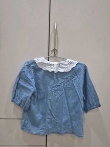 Blue Denim Top with White Lace Collar
