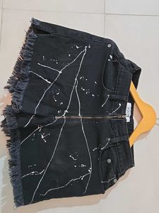 Black Distressed Denim Shorts with White Splatter
