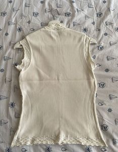 Cream Ribbed Sweater with Lace Neckline