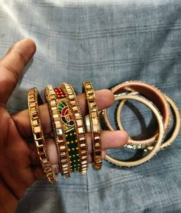 Set of Golden Bangles with Green Embellishments