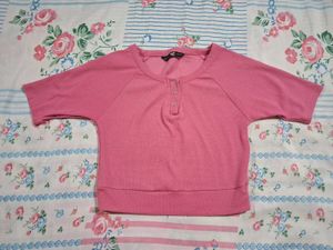 Pink Ribbed Henley Crop Top