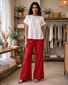 Vibrant Red Palazzo Pants with Lace Detail