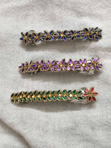 Set of 3 Floral handmade  kundan Hair Clips