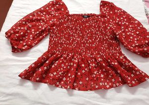 Red Floral Smocked Peplum Top