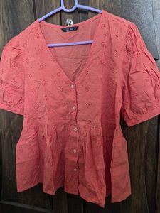 Coral Eyelet Peplum Top
