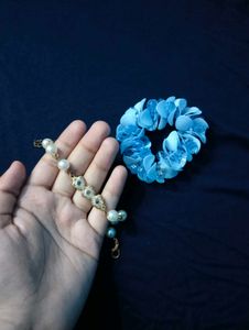 Elegant Pearl Bracelet & Blue Scrunchie