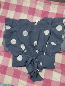 Blue Polka Dot Top with Flutter Sleeves