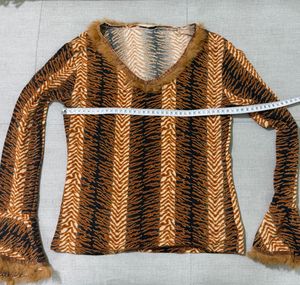 Unique Tiger Print V-Neck Top with Fur Trim