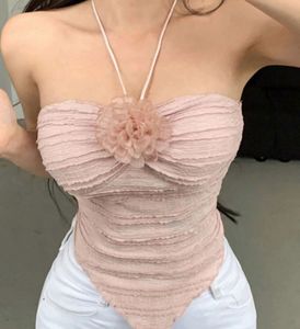 Chic Pink Halter Neck Top with Flower Detail