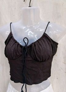 I. Black Ribbed Tie-Front Crop Top