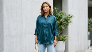 Elegant Teal Satin Button-Up Shirt