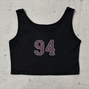 Black Ribbed Crop Tank Top with 94 Graphic Print