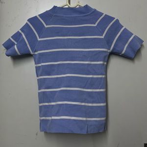 Blue Striped Mock Neck Top