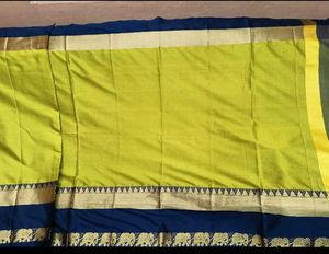 NewVibrant Yellow&amp;Blue ZariBorder CottonSilk Sare
