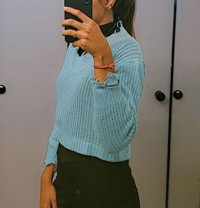 Chic Blue Distressed Knit Sweater