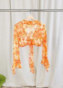 Sheer Floral Tie-Front Crop Top