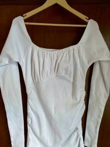 Ruched White Long Sleeve Mini Dress
