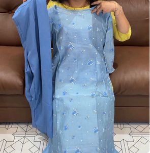 powder  Blue mul chanderi kurta Set