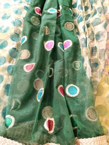 Bottle Green Colour Netted Saree