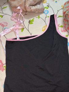 Chic Black One-Shoulder Top with Pink Ribbons