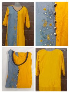 Yellow & Grey Embroidered Kurta