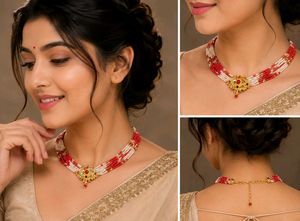 Elegant Red & White Beaded Necklace Set