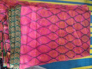 Vibrant Pink Saree with Golden Border