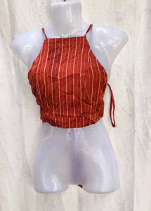 18138. Chic Striped Halter Neck Crop Top