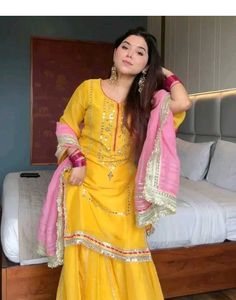 Vibrant Yellow Kurta Set with Pink Dupatta