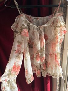 Floral Ruffle Chiffon Cold Shoulder Top