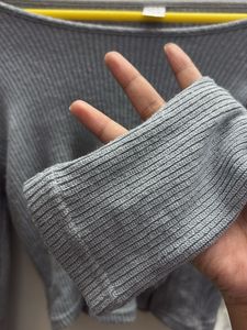 Grey Ribbed Button-Up Long Sleeve Top