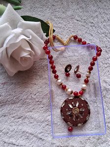 Designer Red Beaded Necklace with Earrings