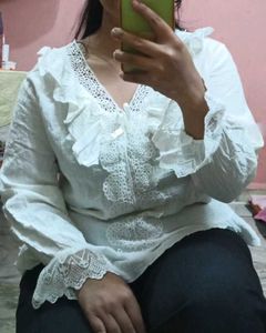 Elegant White Lace Trim Ruffle top