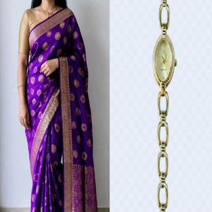 Purple Silk Saree with golden watch