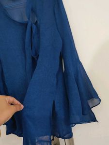 Dark Blue Sheer Bell Sleeve Blouse