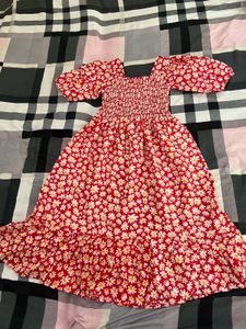 Red Floral Smocked Puff Sleeve Maxi Dress