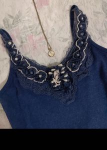 Charming Blue Lace Trim Cami Top
