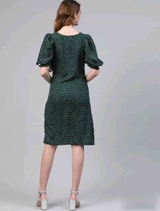 Green Polka Dot Printed A-Line &amp; Puff Sleeve Dress