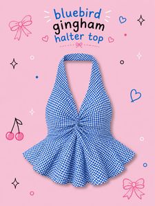 Completely New Bluebird Gingham Halter Top