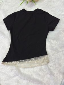 Chic Black T-Shirt with Lace Trim Top