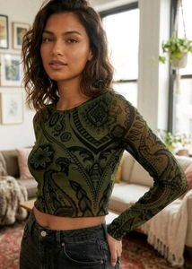 Green Paisley Print Crop Top